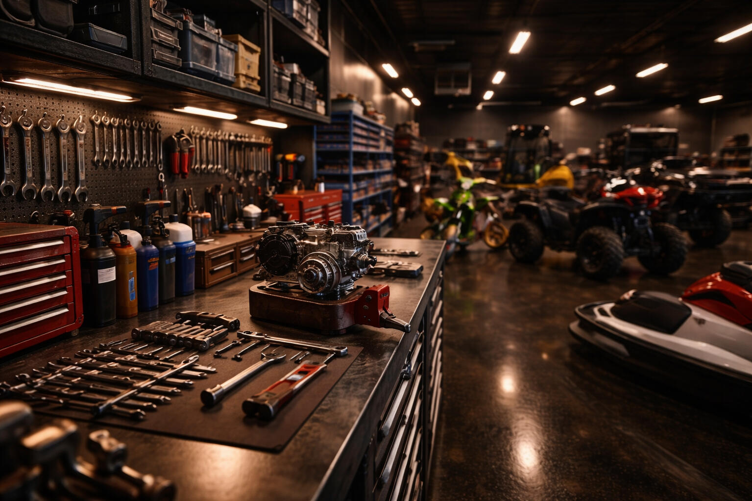 Organized powersports repair shop with tools and equipment in Shenandoah, Iowa